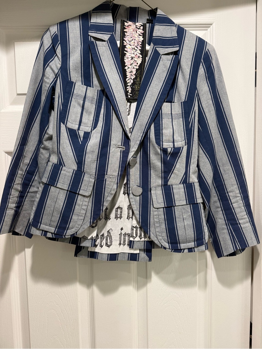 L.A.M.B. Vintage Navy and Gray Vertical Stripe Blazer